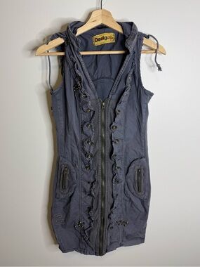 Desigual Sleeveless Hooded Zip-Front Vest in Slate Gray